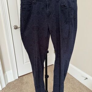 CAbi jeans, blue with black floral detail.